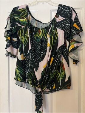 Women’s Black Tropical Print Tie-Front Blouse